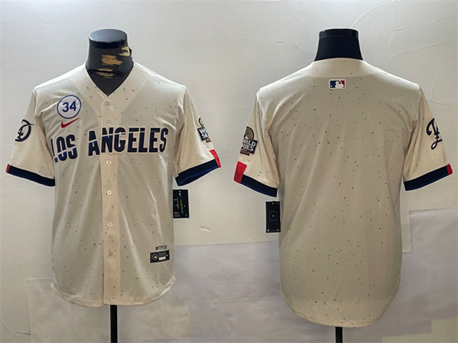 Los Angeles Dodgers Blank Cream 2024 World Series With No. 34 Patch Limited Stitched Jersey - Click Image to Close